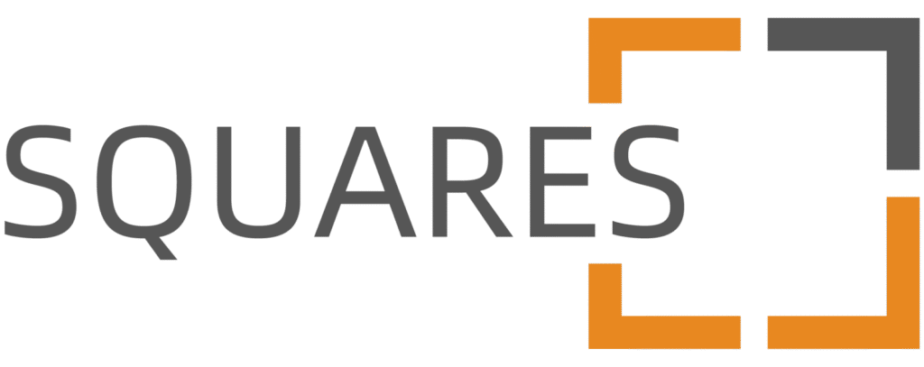 Squares company logo with the word ‘SQUARES’ and an orange square-shaped corner icon